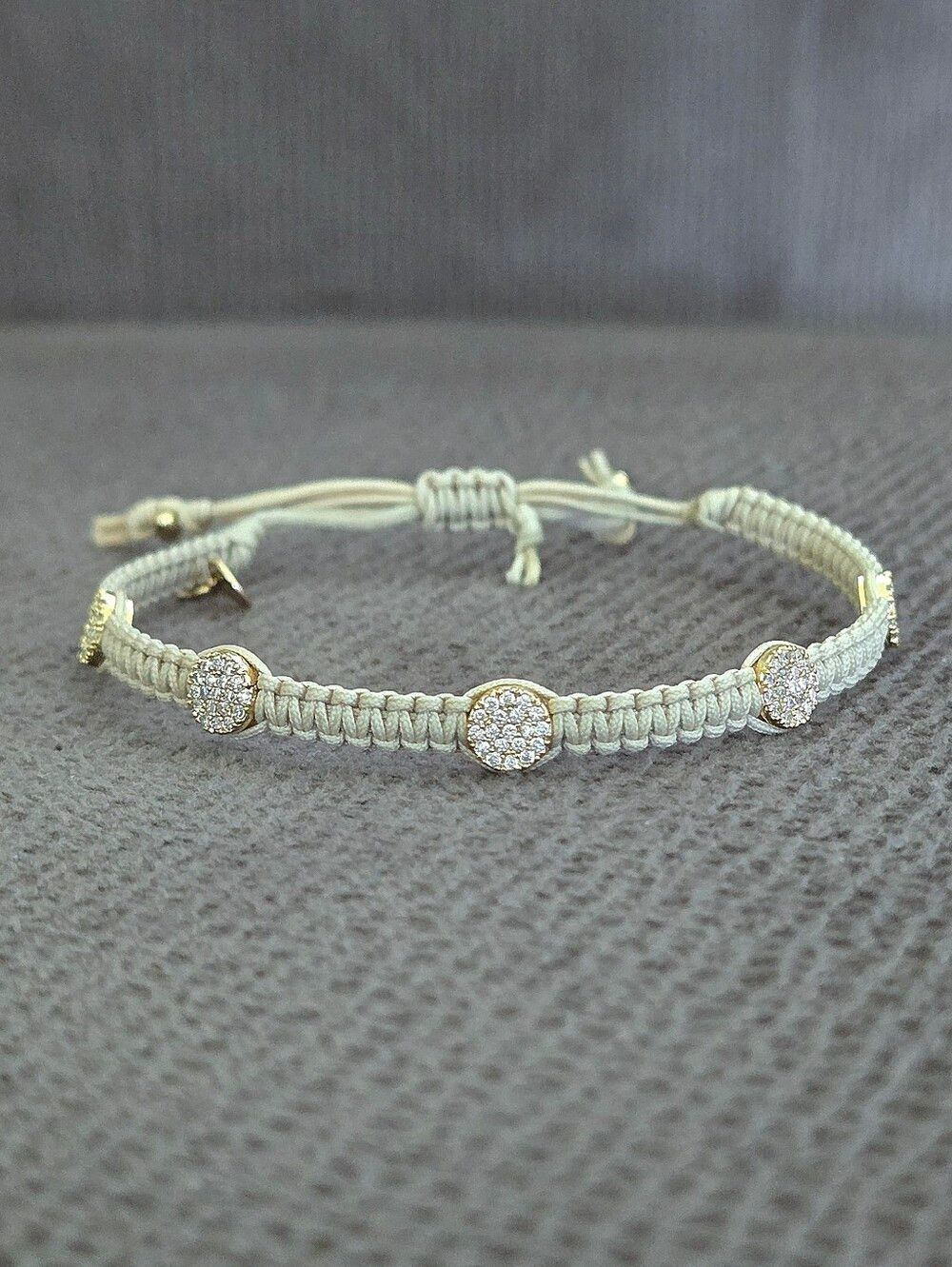 TAI Braided🪢 Taupe Colored Adjustable Silk Bracelet with Pave Crystal💎 Discs📀